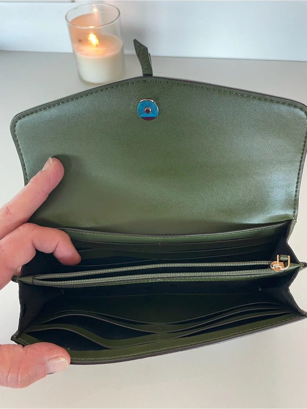 kate spade Olive Green Pebbled Leather Mini Wallet with Gold Hardware